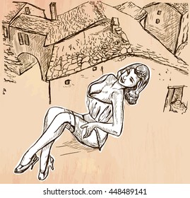 An hand drawn vector - SUMMER FASHION. An pin up sexy young woman posing in front of old roofs - line art. Vector is editable in groups and layers - freehand sketching.