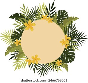 Hand drawn vector summer frame with tropical leaves and flowers. Background illustration template for advertisement or promotion