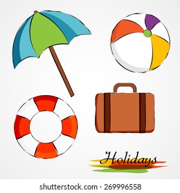 Hand drawn vector summer holidays items like umbrella, ball, suitcase and lifebuoy on the light background