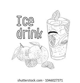 Hand drawn vector summer ice drink with cittrus. Lemon and mint. Detox water sketch. Linear illustration.