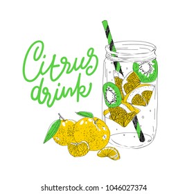 Hand drawn vector summer ice drink with cittrus. Lemon and mint. Detox water sketch. Linear illustration.