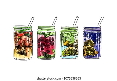Hand drawn vector summer ice drink with citrus and berries. Lemon and mint. Detox water sketch. Linear illustration.