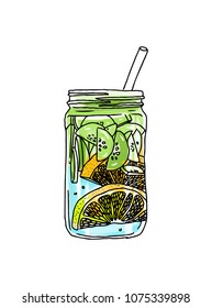 Hand drawn vector summer ice drink with citrus and berries. Lemon and mint. Detox water sketch. Linear illustration.