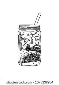 Hand drawn vector summer ice drink with citrus and berries. Lemon and mint. Detox water sketch. Linear illustration.