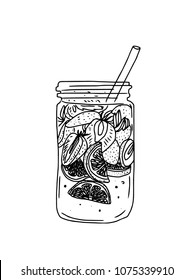 Hand drawn vector summer ice drink with citrus and berries. Lemon and mint. Detox water sketch. Linear illustration.