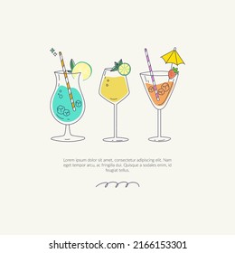 Hand drawn vector summer illustrations. Various isolated cocktail glass with beverages. Trendy design for summer beach party invitation, bar menu of alcohol drinks, cocktail card.