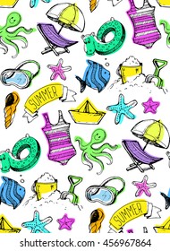 Hand drawn vector summer pattern with fish, octopus, sea star,paper boat, shell, sand,beach umbrella,mask, calligraphic text. Vector illustration