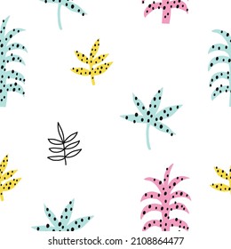 Impresión de verano con vector dibujado a mano con un patrón transparente de hoja tropical