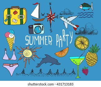 Hand drawn vector summer set. Sketches. Summer vacations. Hand written text " Summer Party".