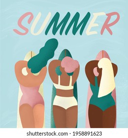 Hand drawn vector summer stock abstract graphic illustration with a swimsuit swimming surfing women isolated on blue ocean wave background