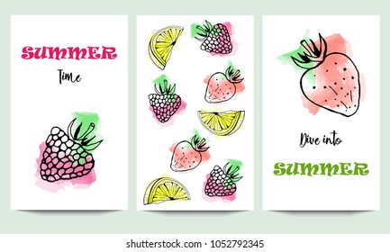 Hand drawn vector summer time cards set with berries and fruits and funny quotes isolated on watercolor background. Hipster wedding, birthday, decoration, save the date, logo