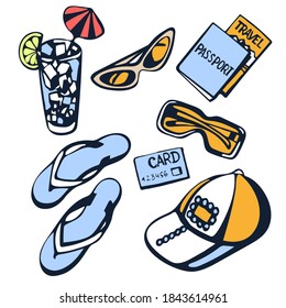 Hand drawn vector summer travel set, accessories. Hand drawn ink illustration. Modern ornamental decorative background. Vector pattern. Print for textile, cloth, wallpaper, scrapbooking
