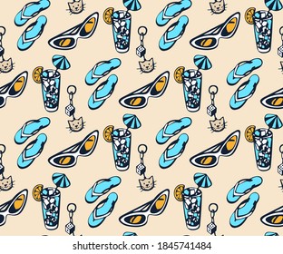 Hand drawn vector summer travel set, accessories. Hand drawn ink illustration. Modern ornamental decorative background. Vector pattern. Print for textile, cloth, wallpaper, scrapbooking