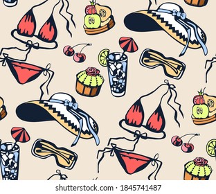 Hand drawn vector summer travel set, accessories. Hand drawn ink illustration. Modern ornamental decorative background. Vector pattern. Print for textile, cloth, wallpaper, scrapbooking