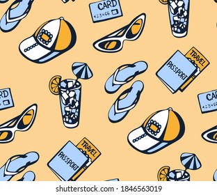 Hand drawn vector summer travel set, accessories. Hand drawn ink illustration. Modern ornamental decorative background. Vector pattern. Print for textile, cloth, wallpaper, scrapbooking