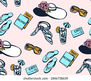 Hand drawn vector summer travel set, accessories. Hand drawn ink illustration. Modern ornamental decorative background. Vector pattern. Print for textile, cloth, wallpaper, scrapbooking