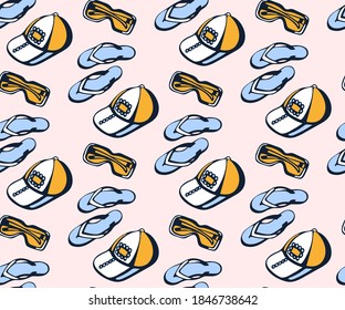 Hand drawn vector summer travel set, accessories. Hand drawn ink illustration. Modern ornamental decorative background. Vector pattern. Print for textile, cloth, wallpaper, scrapbooking