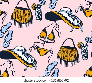 Hand drawn vector summer travel set, accessories . Hand drawn ink illustration. Modern ornamental decorative background. Vector pattern. Print for textile, cloth, wallpaper, scrapbooking