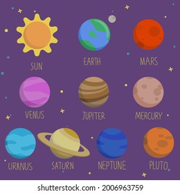 Hand drawn vector with SUN, Earth, Solar system, planets, moon, Mars and Venus. Cosmic ornament on the dark background.
