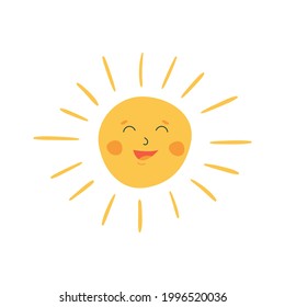 Hand drawn vector sun with happy face. Summer and vacation concept.