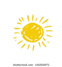 Hand drawn vector sun icon isolated on white. Vector symbol in doodle style. Bright yellow color element.