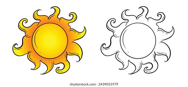 Hand Drawn Vector Sun Set Isolated on White Background Creative Doodle Style Outline Sun Rays. Cool Hand Drawn Cartoon Sun. Summer Time Design Elements. Colorful and outline empty sun set. Summer Time