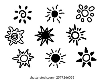 Hand drawn vector sun shape, thick black lines, design ornament, doodle.