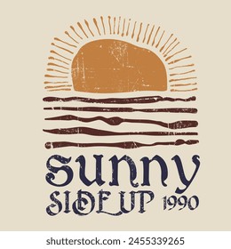 Vector dibujado a mano sol y onda, estampados de verano para gráfico de playa, sol, sol, puesta del sol, olas del mar vibes print design, , vintage verano diseño de camiseta, sudadera, camisa para hombres, grupo de mujeres