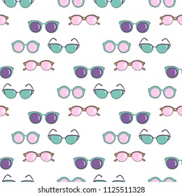Hand Drawn Vector Sunglasses Seamless Pattern. Summer Trendy Textile Design Background. Seamless Texture for T-Shirt.