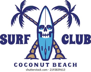 hand drawn vector surf board with skull and palm trees