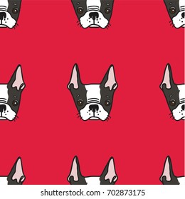 Hand drawn vector surface pattern with cute Boston terrier dogs. Cartoon black and white puppies ornament. Could be used for wrapping paper, textile, kids fashion.
