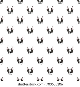 Hand drawn vector surface pattern with cute boston terrier dogs. Cartoon black and white puppies ornament. Could be used for wrapping paper, textile, kids fashion.
