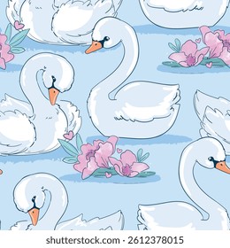Hand Drawn Vector swan seamless pattern,  background with cute bird swan design fabric print 