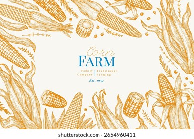 Hand Drawn Vector Sweet Corn Illustration. Not AI Generated. Autumn Seasonal Background. Fall Season Farm Banner. Vintage Harvest Design Template.