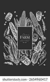 Hand Drawn Vector Sweet Corn Illustration. Not AI Generated. Autumn Seasonal Chalk Board Background. Fall Season Farm Banner. Vintage Harvest Design Template.