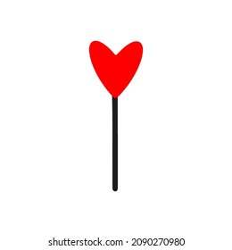 Hand drawn vector Sweet lollipop in heart shape icon. Cute doodle red candy on the stick. Tasty candy for Valentine's day, Xmas, New Year, Easter, Halloween and happy birthday party. Dessert, sugar