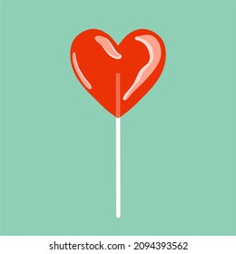Hand drawn vector Sweet lollipop in heart shape icon. Cute doodle red candy on the stick. Tasty candy for Valentine's day, Xmas, New Year, Easter, Halloween and happy birthday party. Dessert, sugar