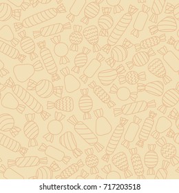 Hand drawn vector sweets contours seamless pattern on the beige background. Design for pastry, candy shops and other.