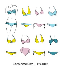 Hand drawn vector swimwear set isolated on white. 