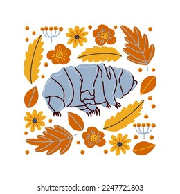 Hand drawn vector tardigrade with floral elements isolated on white background.