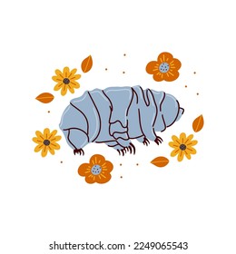 Hand drawn vector tardigrade with floral elements isolated on white background.