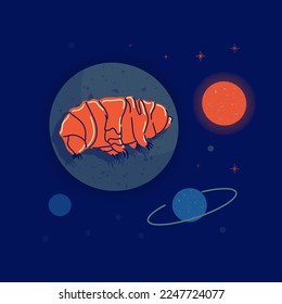 Hand drawn vector tardigrade in space. Water bear