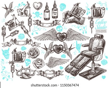 Hand drawn vector tattoo studio collection with sketch engraving illustration. Set with equipment and machines for tattooist and tattoo design