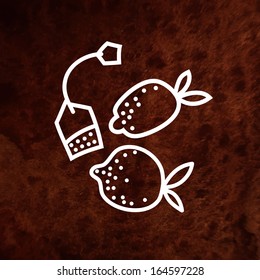 Hand drawn vector tea bag and lemons on textured grunge paper. White design element on brown watercolor texture. Can be used for web and printing.