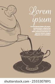 Hand drawn vector tea and coffee poster. Illustration with a side view coffee and tea mug and pot. Design ready to be used in online and print projects for bar or cafes such as menus or posters.