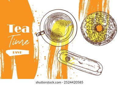 Mão desenhada vetor chá xícara, rosquinha e eclair. O contorno e o preenchimento são agrupados separadamente. Design de banner tempo chá com vista superior cafe alimentos em um fundo branco e laranja com textura de tinta. 