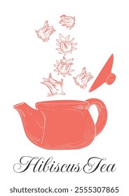 Hand drawn vector tea poster. Illustration with a side view hibiscus falling in a tea pot. Design ready to be used in online and print projects for bar or cafes such as menus or posters.