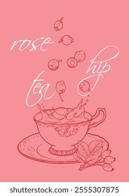 Hand drawn vector tea poster. Illustration with a side view rose hip falling into a tea mug. Design ready to be used in online and print projects for bar or cafes such as menus or posters.