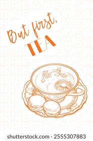 Hand drawn vector tea poster. Illustration with a side view tea mug on a plate with macarons. Design ready to be used in online and print projects for bar or cafes such as menus or posters.