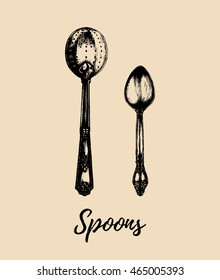 Hand drawn vector tea spoons set. Retro illustration of infuser. Kitchen silver appliances icons in sketch style.